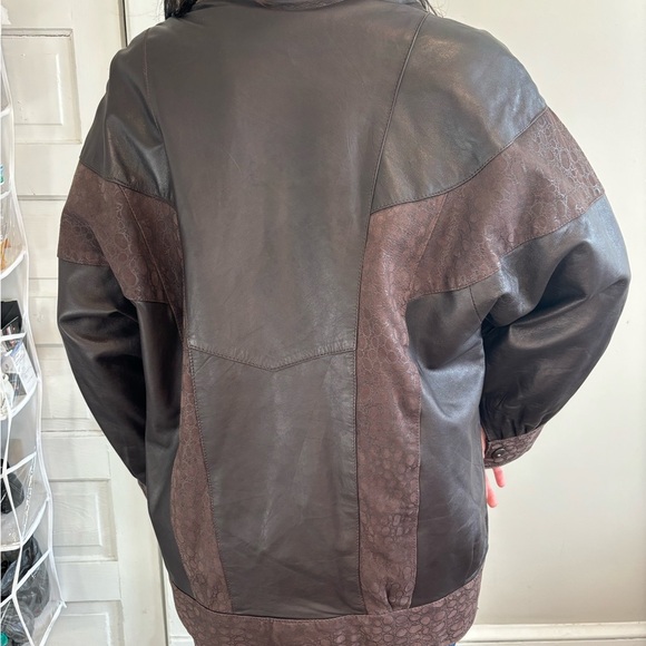 Vintage Bomber Chocolate Brown Animal Print Genuine Leather Jacket - Size Large - Picture 6 of 14